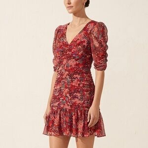 Tanya Taylor | Red Floral Ruched Silk-Blend Mini Dress 2